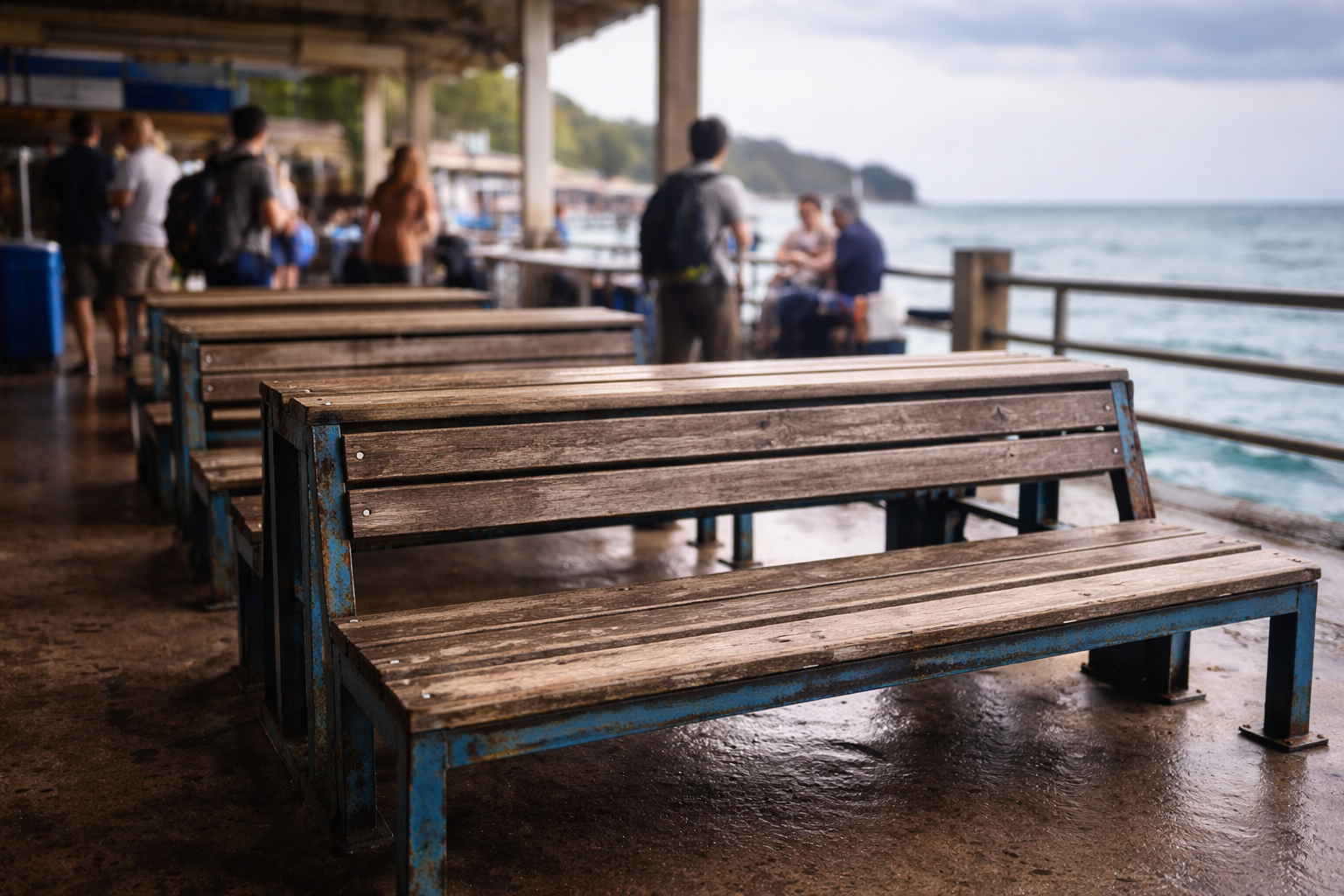 Pier waiting area weathered benches